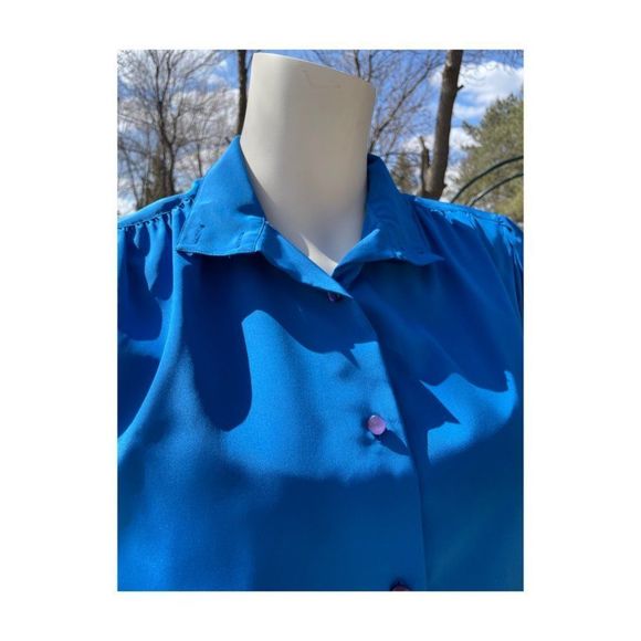Vintage | 70s Electric Blue Blouse Statement Balloon Sleeve Secretary Office - Picture 9 of 12